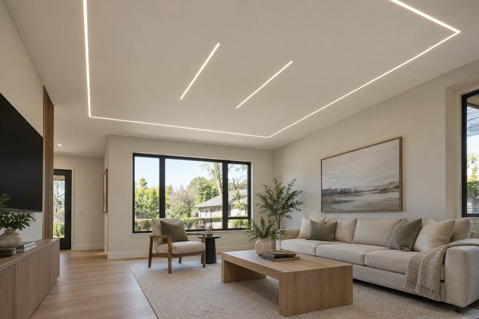 AI design concept: Modern room with a recessed rectangular light outline and two central linear lights