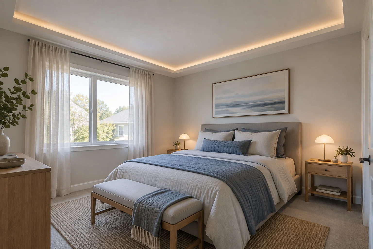AI design concept: Compact bedroom with a shallow perimeter ceiling detail and blue-gray textiles